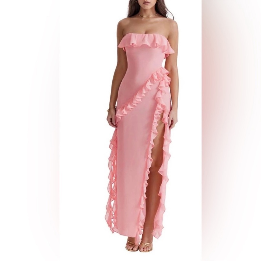 House of CB Pink Ruffled Cowl Neck Gown